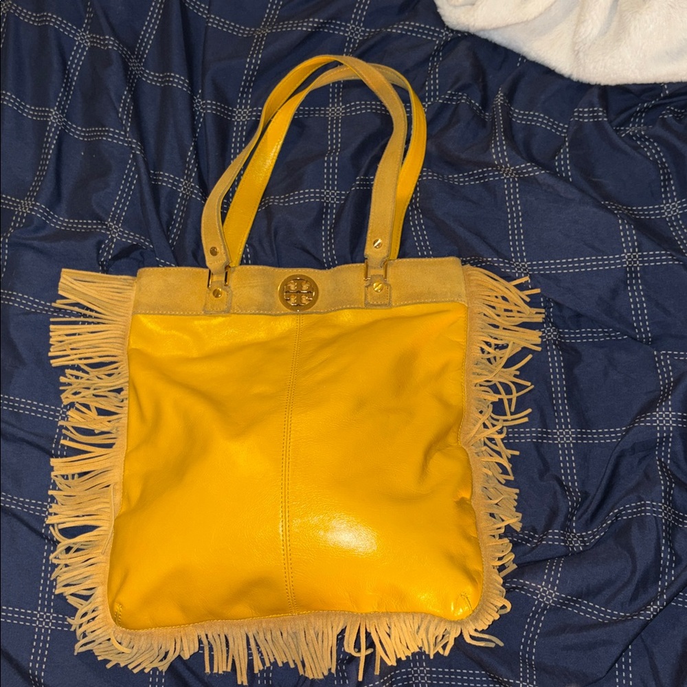 Great Condition Tory Burch Yellow and Tan Fringe Leather Tote